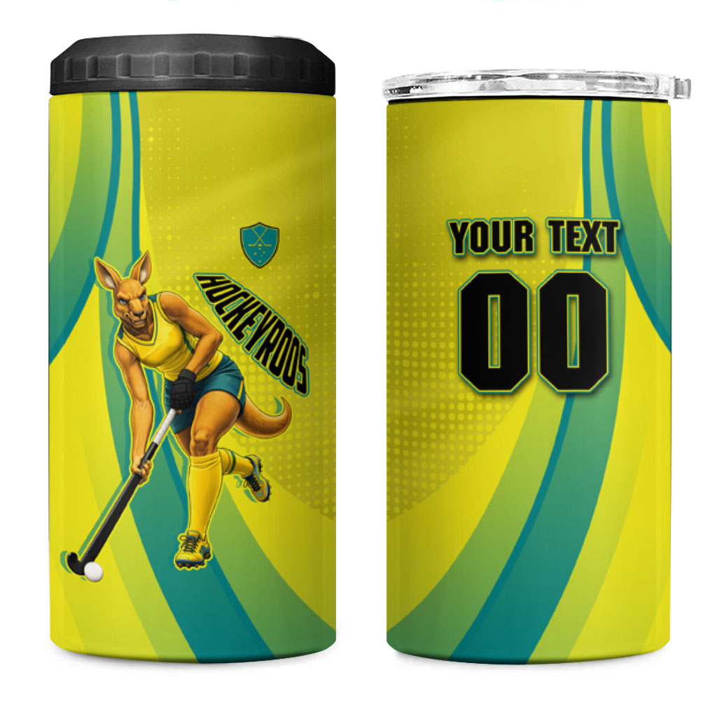 Personalised Hockeyroos Kangaroo Field Hockey 4 in 1 Can Cooler Tumbler Dynamic Australia Green Gold Athlete Mascot Design
