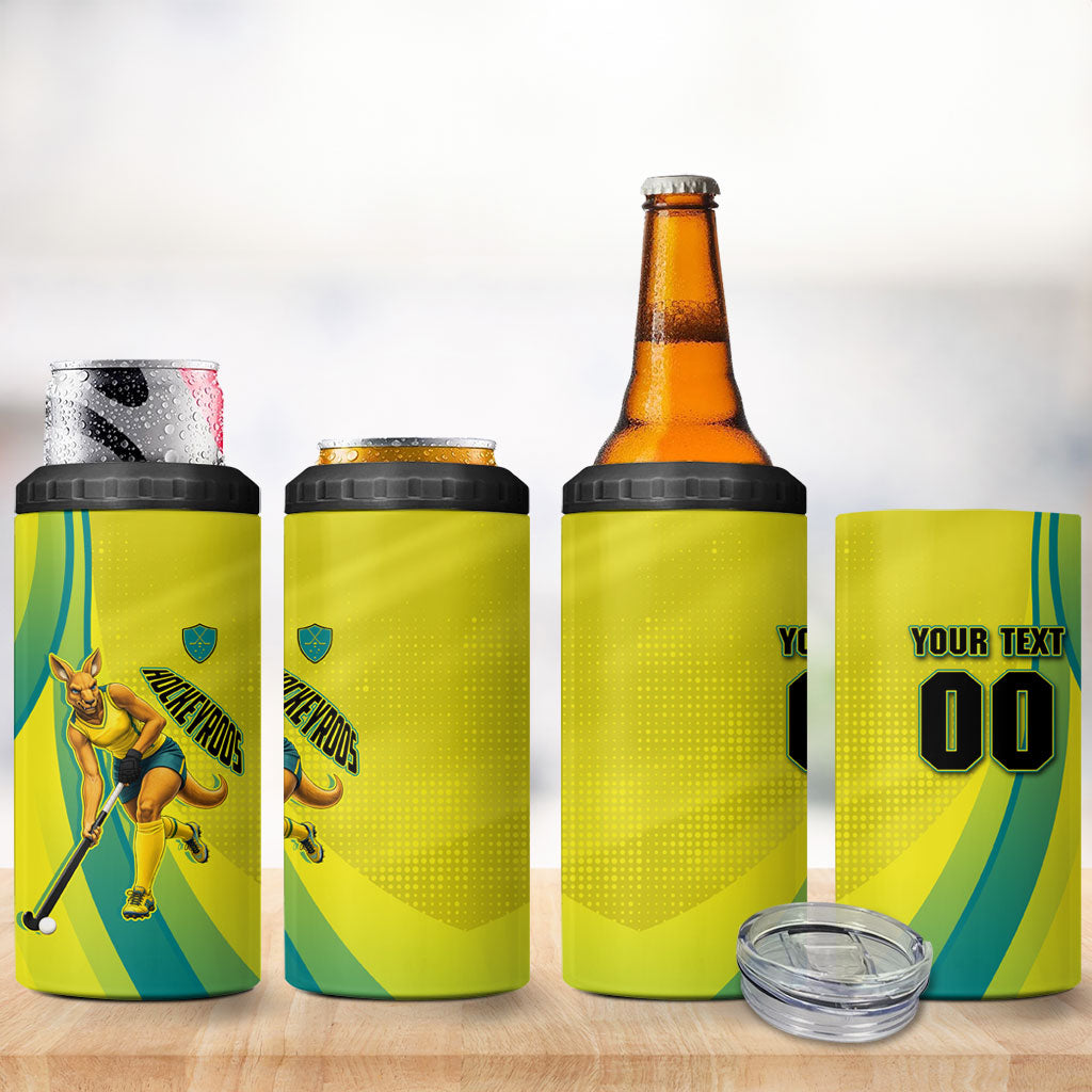 Personalised Hockeyroos Kangaroo Field Hockey 4 in 1 Can Cooler Tumbler Dynamic Australia Green Gold Athlete Mascot Design