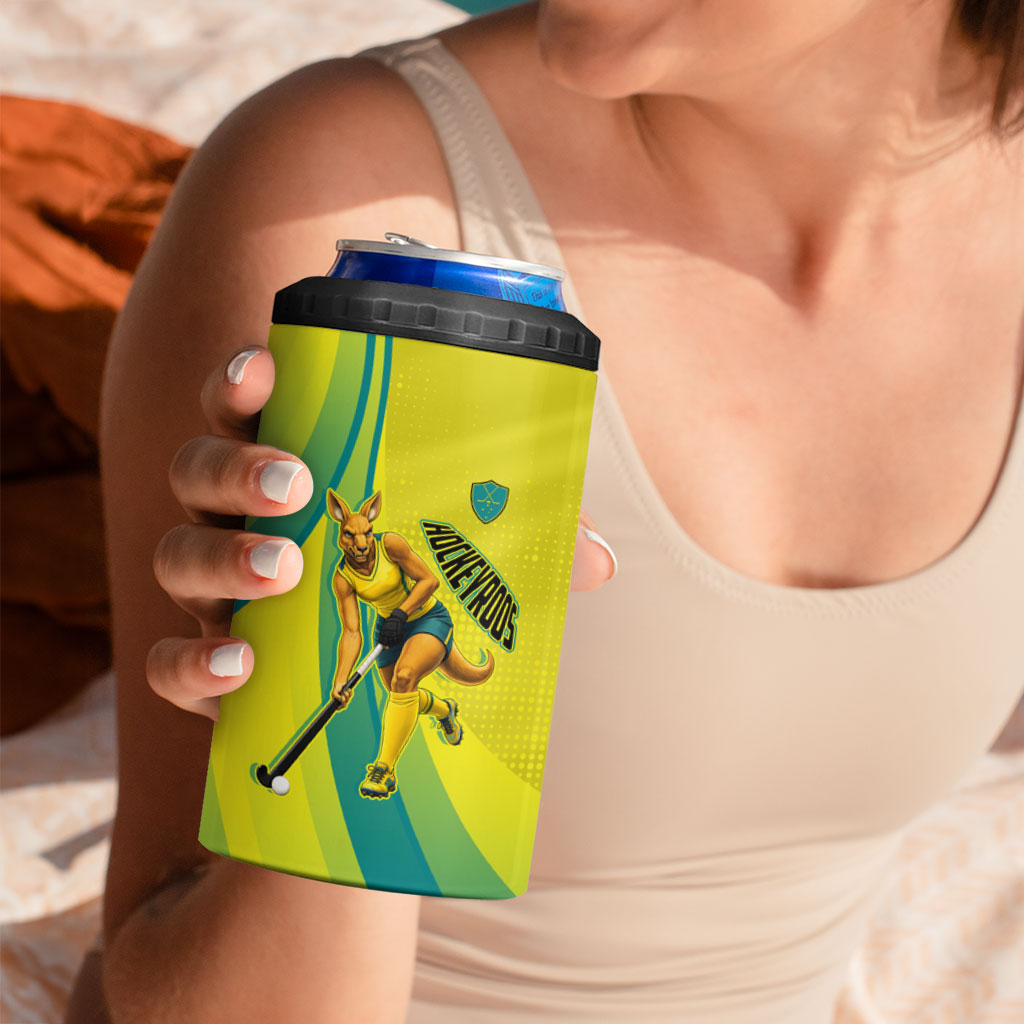 Personalised Hockeyroos Kangaroo Field Hockey 4 in 1 Can Cooler Tumbler Dynamic Australia Green Gold Athlete Mascot Design