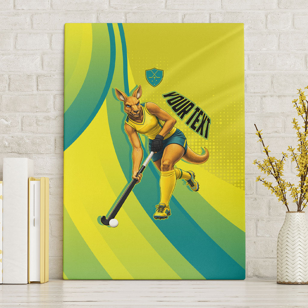 Personalised Hockeyroos Kangaroo Field Hockey Canvas Wall Art Dynamic Australia Green Gold Athlete Mascot Design