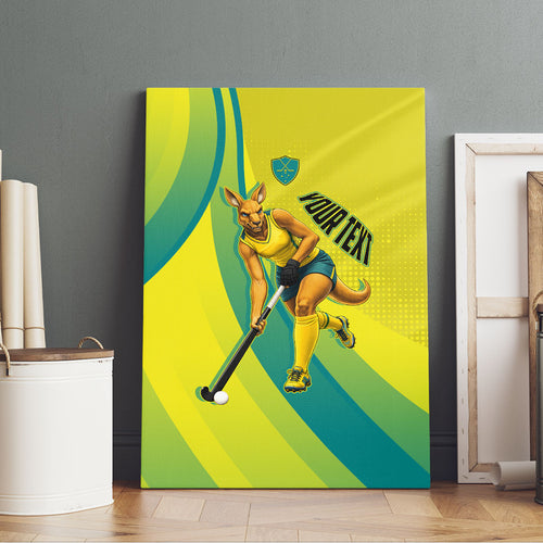 Personalised Hockeyroos Kangaroo Field Hockey Canvas Wall Art Dynamic Australia Green Gold Athlete Mascot Design