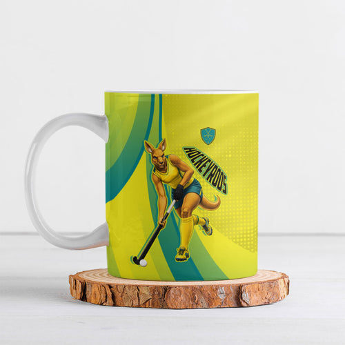 Personalised Hockeyroos Kangaroo Field Hockey Ceramic Mug Dynamic Australia Green Gold Athlete Mascot Design