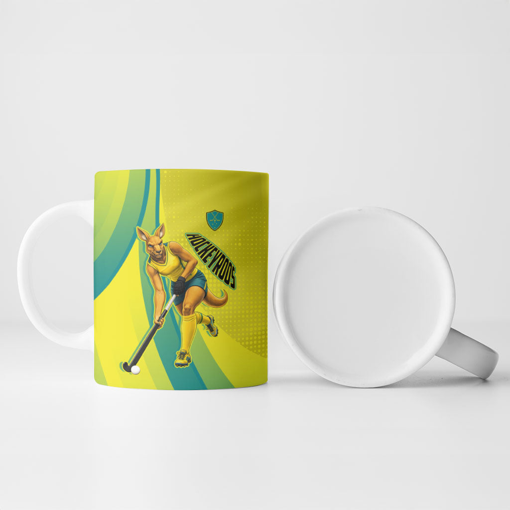 Personalised Hockeyroos Kangaroo Field Hockey Ceramic Mug Dynamic Australia Green Gold Athlete Mascot Design