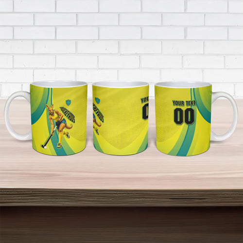 Personalised Hockeyroos Kangaroo Field Hockey Ceramic Mug Dynamic Australia Green Gold Athlete Mascot Design