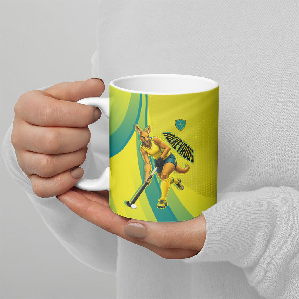 Personalised Hockeyroos Kangaroo Field Hockey Ceramic Mug Dynamic Australia Green Gold Athlete Mascot Design