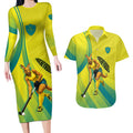 Personalised Hockeyroos Kangaroo Field Hockey Couples Matching Long Sleeve Bodycon Dress and Hawaiian Shirt Dynamic Australia Green Gold Athlete Mascot Design