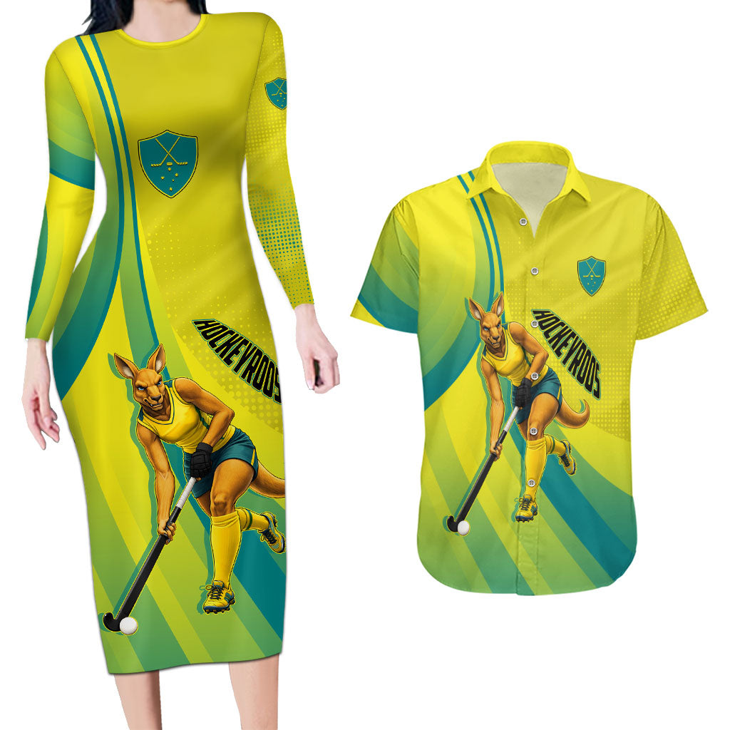 Personalised Hockeyroos Kangaroo Field Hockey Couples Matching Long Sleeve Bodycon Dress and Hawaiian Shirt Dynamic Australia Green Gold Athlete Mascot Design