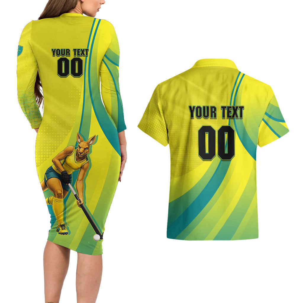 Personalised Hockeyroos Kangaroo Field Hockey Couples Matching Long Sleeve Bodycon Dress and Hawaiian Shirt Dynamic Australia Green Gold Athlete Mascot Design