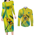 Personalised Hockeyroos Kangaroo Field Hockey Couples Matching Long Sleeve Bodycon Dress and Long Sleeve Button Shirt Dynamic Australia Green Gold Athlete Mascot Design