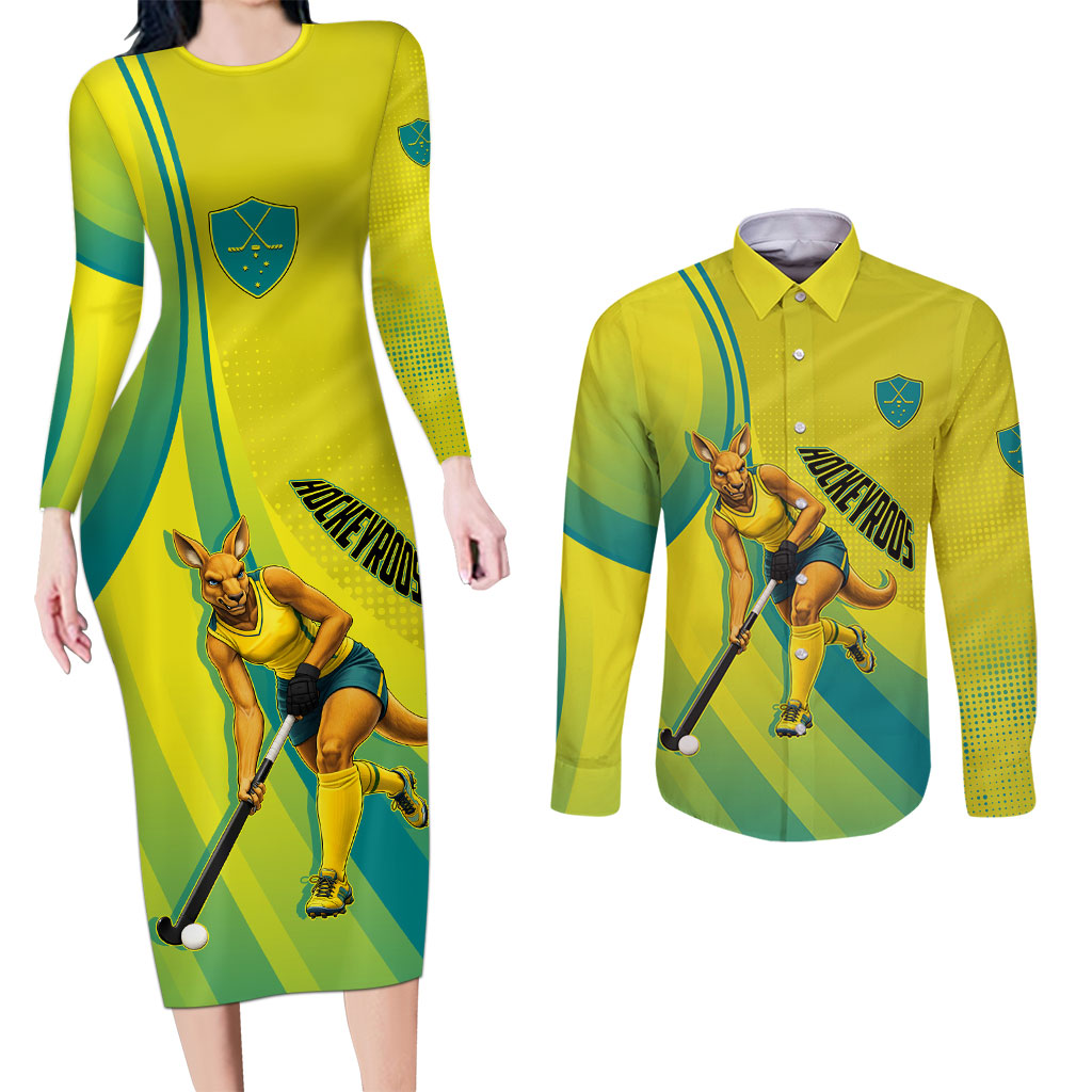 Personalised Hockeyroos Kangaroo Field Hockey Couples Matching Long Sleeve Bodycon Dress and Long Sleeve Button Shirt Dynamic Australia Green Gold Athlete Mascot Design