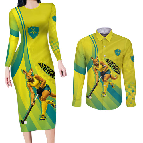 Personalised Hockeyroos Kangaroo Field Hockey Couples Matching Long Sleeve Bodycon Dress and Long Sleeve Button Shirt Dynamic Australia Green Gold Athlete Mascot Design