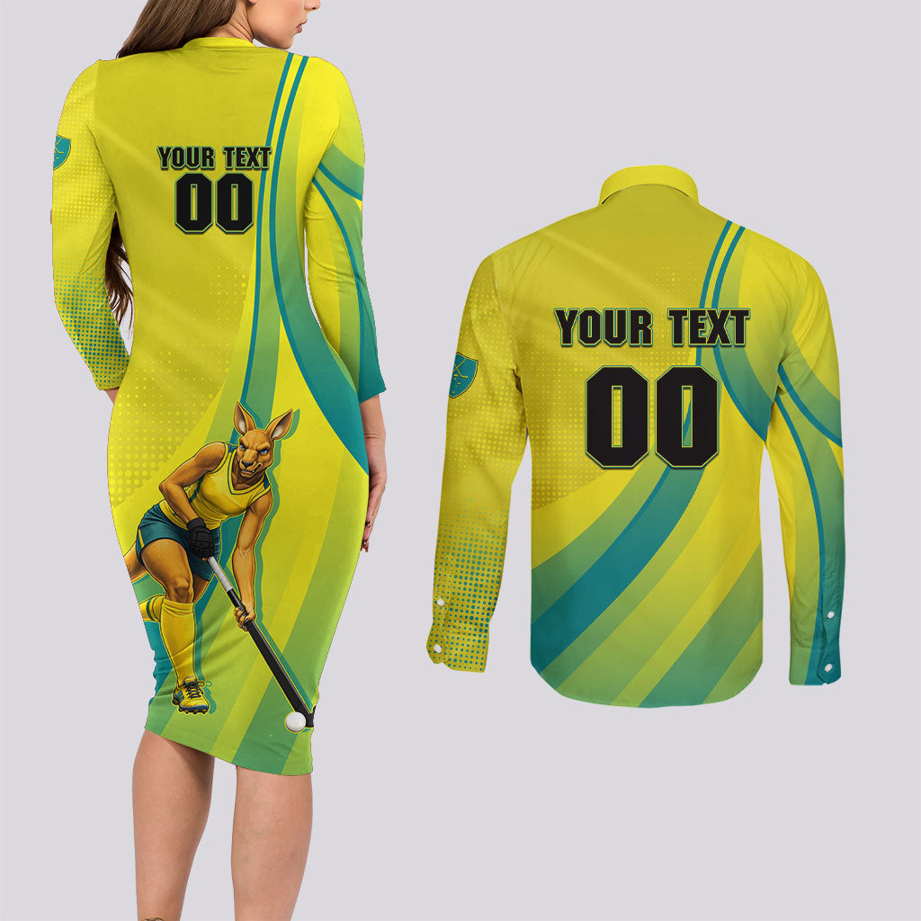Personalised Hockeyroos Kangaroo Field Hockey Couples Matching Long Sleeve Bodycon Dress and Long Sleeve Button Shirt Dynamic Australia Green Gold Athlete Mascot Design