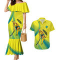 Personalised Hockeyroos Kangaroo Field Hockey Couples Matching Mermaid Dress and Hawaiian Shirt Dynamic Australia Green Gold Athlete Mascot Design