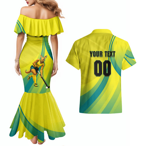 Personalised Hockeyroos Kangaroo Field Hockey Couples Matching Mermaid Dress and Hawaiian Shirt Dynamic Australia Green Gold Athlete Mascot Design