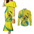 Personalised Hockeyroos Kangaroo Field Hockey Couples Matching Mermaid Dress and Long Sleeve Button Shirt Dynamic Australia Green Gold Athlete Mascot Design