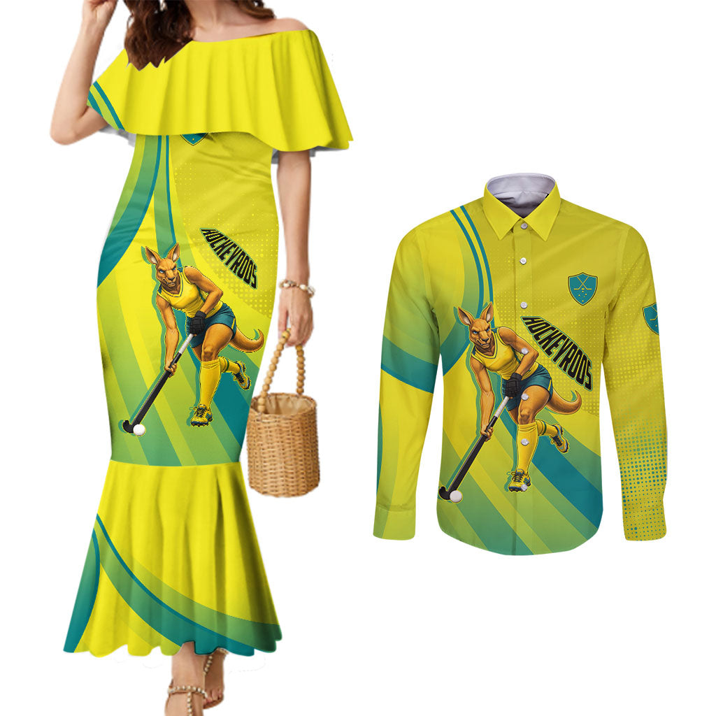 Personalised Hockeyroos Kangaroo Field Hockey Couples Matching Mermaid Dress and Long Sleeve Button Shirt Dynamic Australia Green Gold Athlete Mascot Design