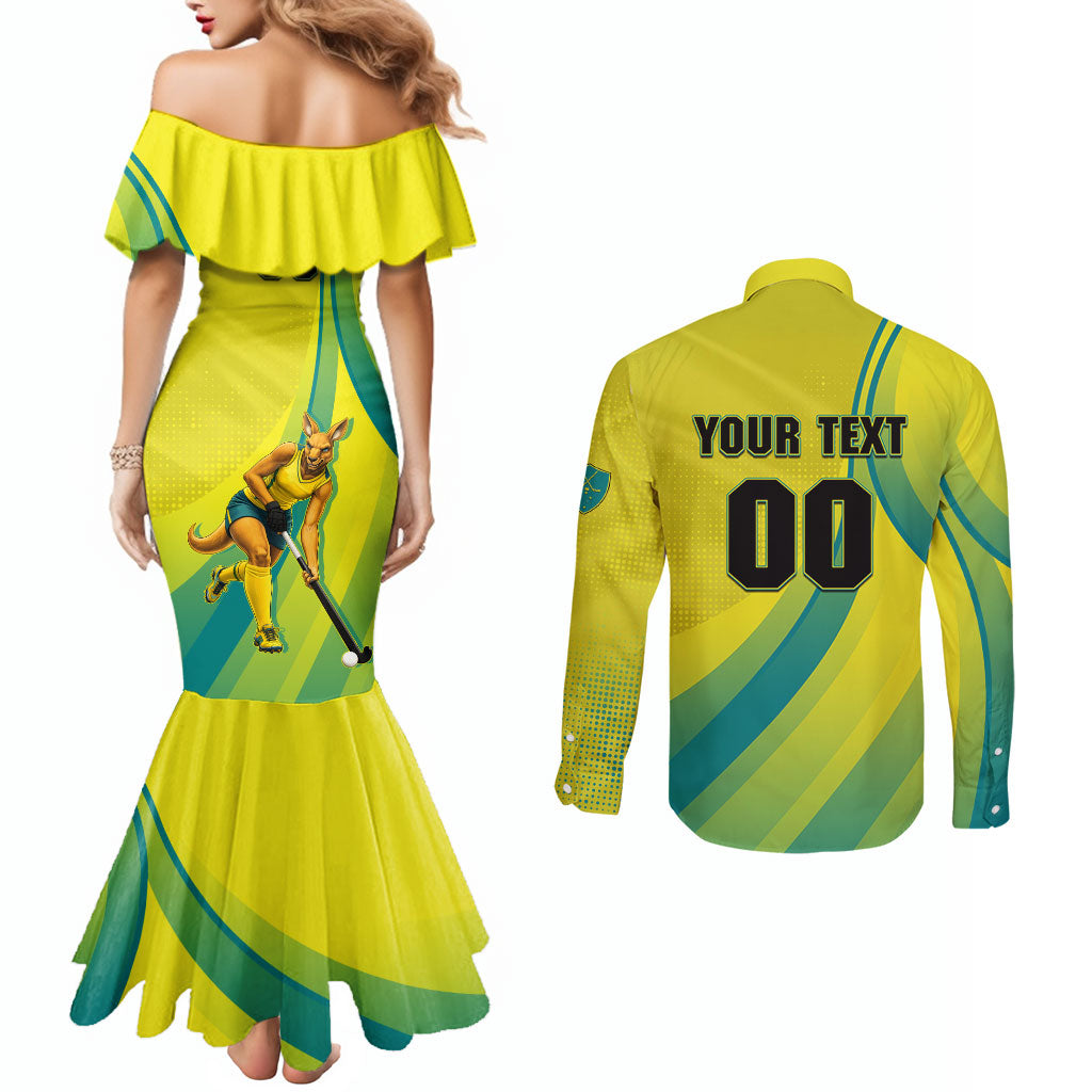 Personalised Hockeyroos Kangaroo Field Hockey Couples Matching Mermaid Dress and Long Sleeve Button Shirt Dynamic Australia Green Gold Athlete Mascot Design