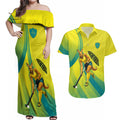 Personalised Hockeyroos Kangaroo Field Hockey Couples Matching Off Shoulder Maxi Dress and Hawaiian Shirt Dynamic Australia Green Gold Athlete Mascot Design
