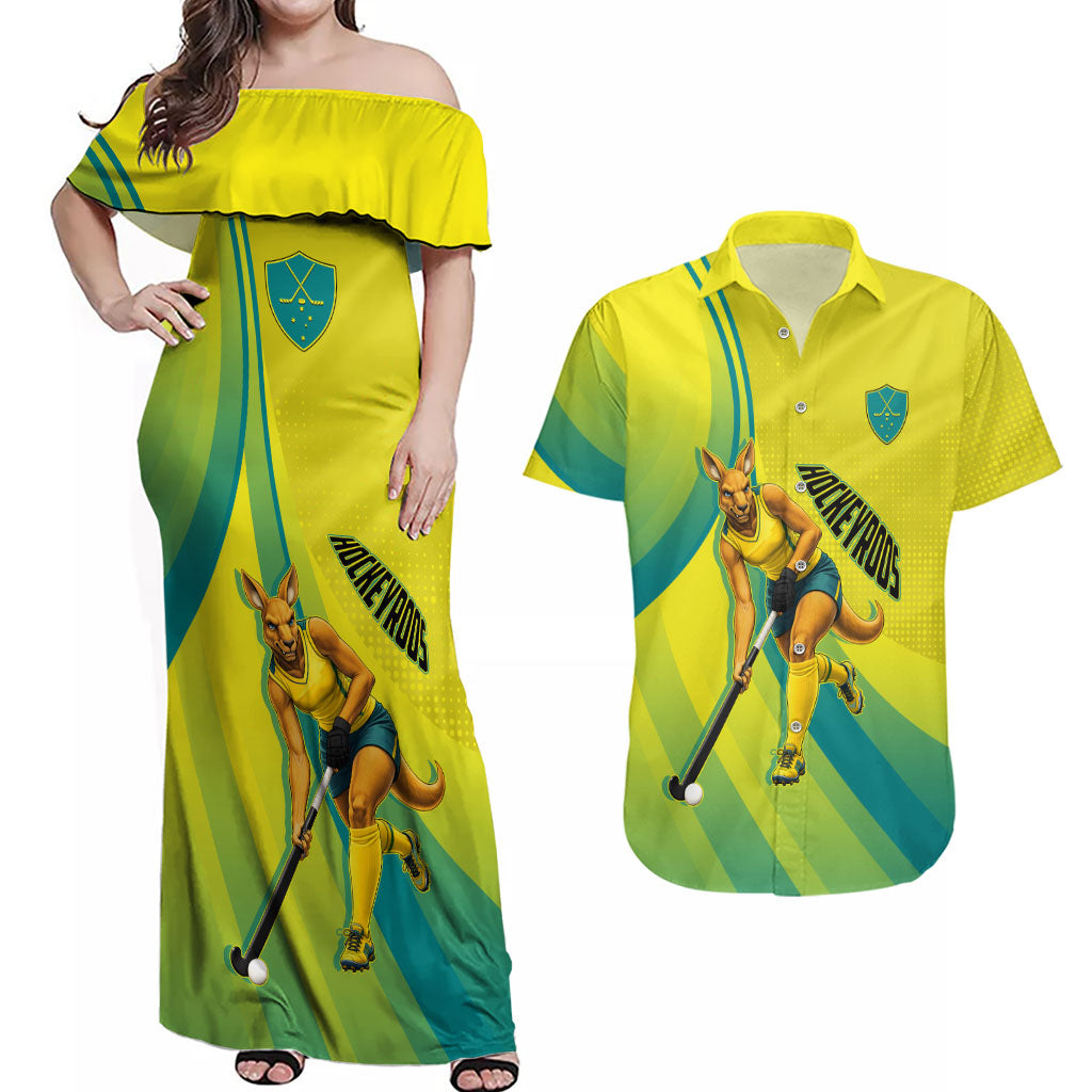 Personalised Hockeyroos Kangaroo Field Hockey Couples Matching Off Shoulder Maxi Dress and Hawaiian Shirt Dynamic Australia Green Gold Athlete Mascot Design
