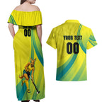 Personalised Hockeyroos Kangaroo Field Hockey Couples Matching Off Shoulder Maxi Dress and Hawaiian Shirt Dynamic Australia Green Gold Athlete Mascot Design