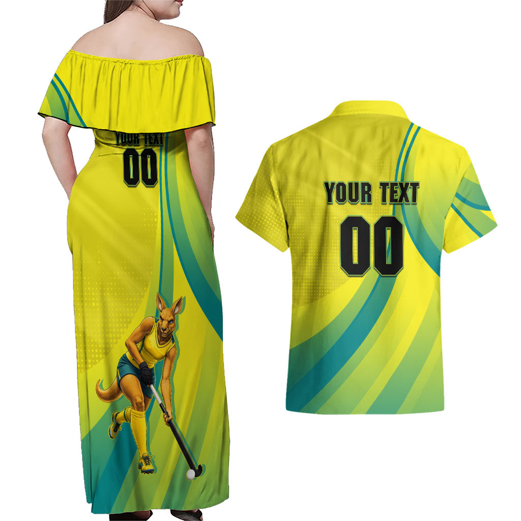 Personalised Hockeyroos Kangaroo Field Hockey Couples Matching Off Shoulder Maxi Dress and Hawaiian Shirt Dynamic Australia Green Gold Athlete Mascot Design