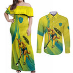 Personalised Hockeyroos Kangaroo Field Hockey Couples Matching Off Shoulder Maxi Dress and Long Sleeve Button Shirt Dynamic Australia Green Gold Athlete Mascot Design