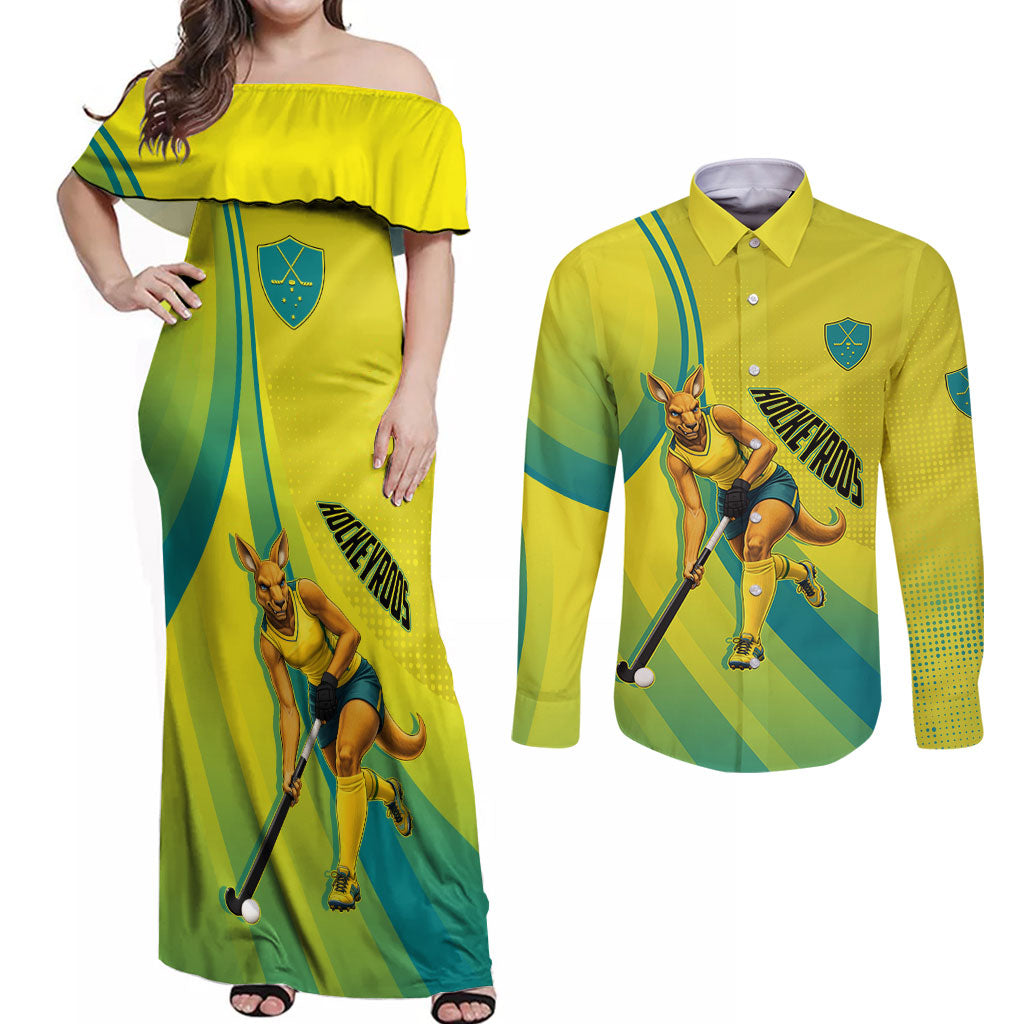Personalised Hockeyroos Kangaroo Field Hockey Couples Matching Off Shoulder Maxi Dress and Long Sleeve Button Shirt Dynamic Australia Green Gold Athlete Mascot Design