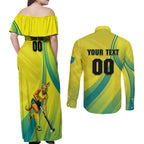 Personalised Hockeyroos Kangaroo Field Hockey Couples Matching Off Shoulder Maxi Dress and Long Sleeve Button Shirt Dynamic Australia Green Gold Athlete Mascot Design