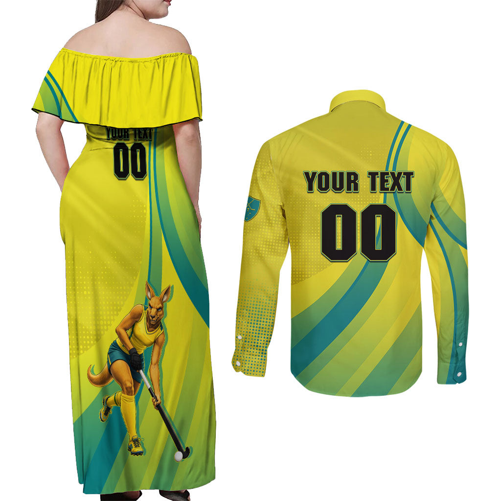 Personalised Hockeyroos Kangaroo Field Hockey Couples Matching Off Shoulder Maxi Dress and Long Sleeve Button Shirt Dynamic Australia Green Gold Athlete Mascot Design