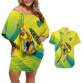 Personalised Hockeyroos Kangaroo Field Hockey Couples Matching Off Shoulder Short Dress and Hawaiian Shirt Dynamic Australia Green Gold Athlete Mascot Design