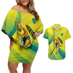 Personalised Hockeyroos Kangaroo Field Hockey Couples Matching Off Shoulder Short Dress and Hawaiian Shirt Dynamic Australia Green Gold Athlete Mascot Design