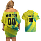 Personalised Hockeyroos Kangaroo Field Hockey Couples Matching Off Shoulder Short Dress and Hawaiian Shirt Dynamic Australia Green Gold Athlete Mascot Design