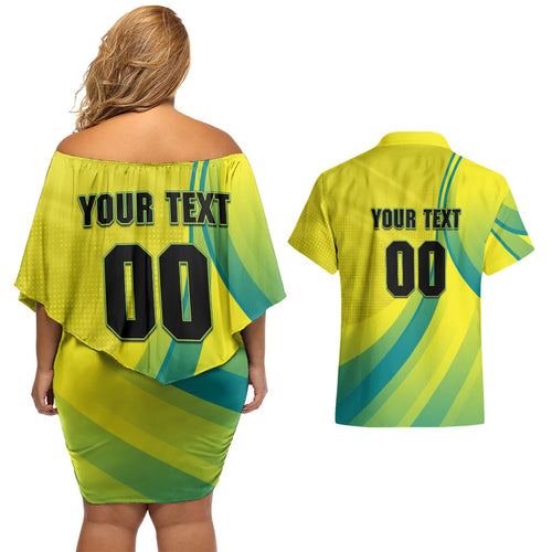 Personalised Hockeyroos Kangaroo Field Hockey Couples Matching Off Shoulder Short Dress and Hawaiian Shirt Dynamic Australia Green Gold Athlete Mascot Design