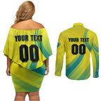 Personalised Hockeyroos Kangaroo Field Hockey Couples Matching Off Shoulder Short Dress and Long Sleeve Button Shirt Dynamic Australia Green Gold Athlete Mascot Design