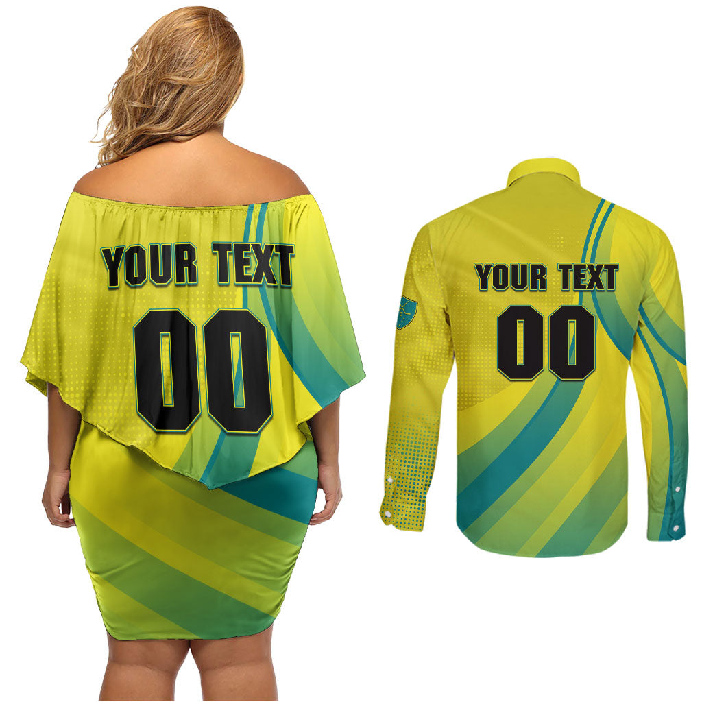 Personalised Hockeyroos Kangaroo Field Hockey Couples Matching Off Shoulder Short Dress and Long Sleeve Button Shirt Dynamic Australia Green Gold Athlete Mascot Design