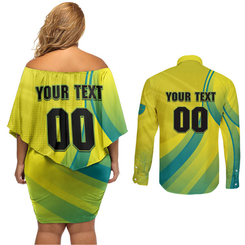 Personalised Hockeyroos Kangaroo Field Hockey Couples Matching Off Shoulder Short Dress and Long Sleeve Button Shirt Dynamic Australia Green Gold Athlete Mascot Design