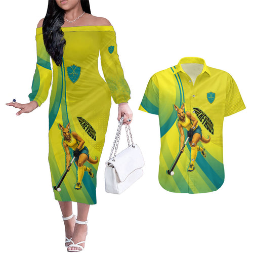 Personalised Hockeyroos Kangaroo Field Hockey Couples Matching Off The Shoulder Long Sleeve Dress and Hawaiian Shirt Dynamic Australia Green Gold Athlete Mascot Design