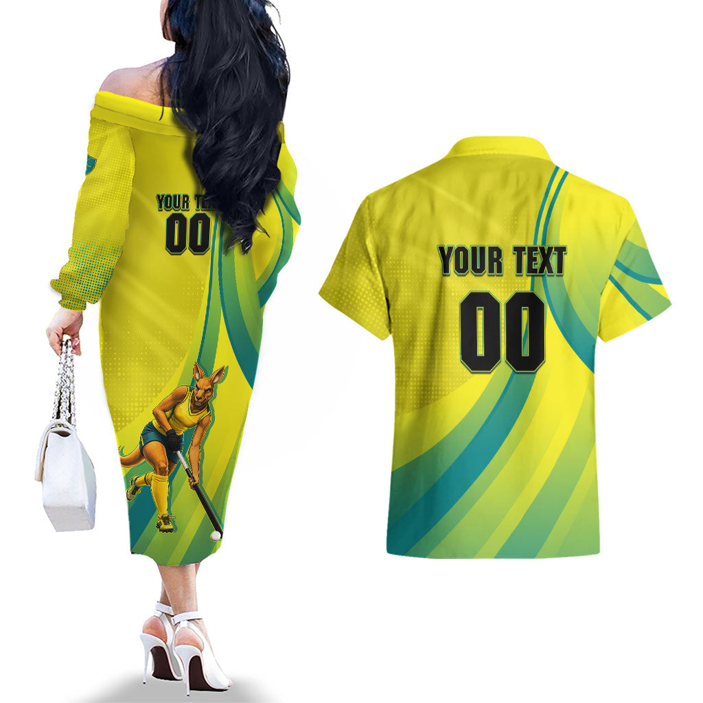 Personalised Hockeyroos Kangaroo Field Hockey Couples Matching Off The Shoulder Long Sleeve Dress and Hawaiian Shirt Dynamic Australia Green Gold Athlete Mascot Design