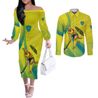 Personalised Hockeyroos Kangaroo Field Hockey Couples Matching Off The Shoulder Long Sleeve Dress and Long Sleeve Button Shirt Dynamic Australia Green Gold Athlete Mascot Design