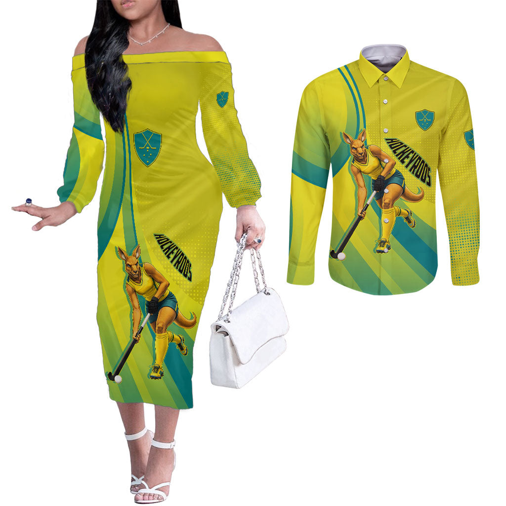 Personalised Hockeyroos Kangaroo Field Hockey Couples Matching Off The Shoulder Long Sleeve Dress and Long Sleeve Button Shirt Dynamic Australia Green Gold Athlete Mascot Design
