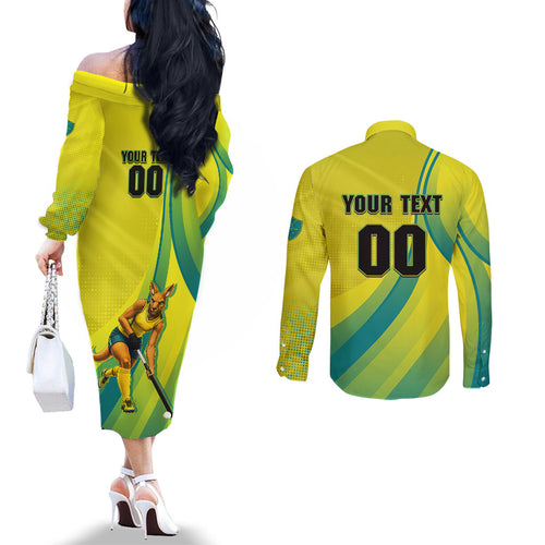 Personalised Hockeyroos Kangaroo Field Hockey Couples Matching Off The Shoulder Long Sleeve Dress and Long Sleeve Button Shirt Dynamic Australia Green Gold Athlete Mascot Design