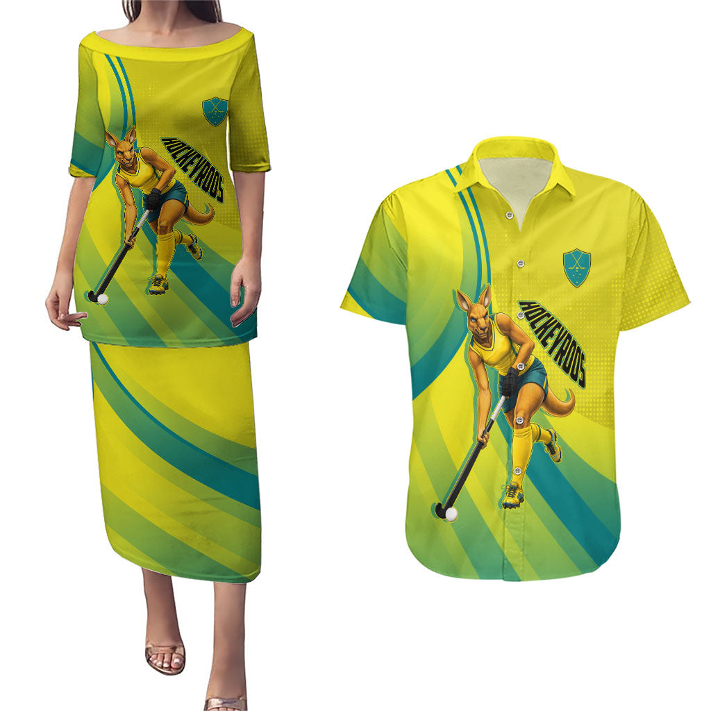 Personalised Hockeyroos Kangaroo Field Hockey Couples Matching Puletasi and Hawaiian Shirt Dynamic Australia Green Gold Athlete Mascot Design