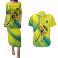 Personalised Hockeyroos Kangaroo Field Hockey Couples Matching Puletasi and Hawaiian Shirt Dynamic Australia Green Gold Athlete Mascot Design