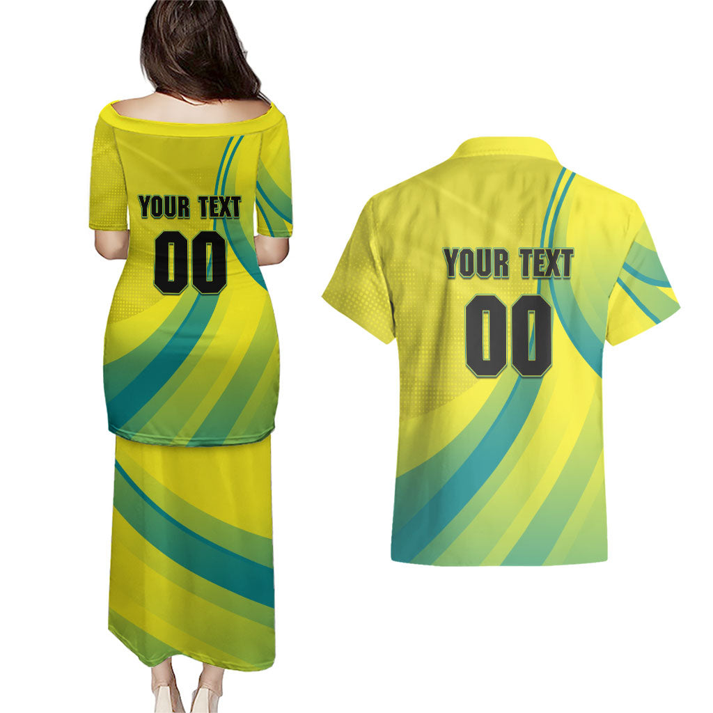 Personalised Hockeyroos Kangaroo Field Hockey Couples Matching Puletasi and Hawaiian Shirt Dynamic Australia Green Gold Athlete Mascot Design