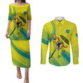 Personalised Hockeyroos Kangaroo Field Hockey Couples Matching Puletasi and Long Sleeve Button Shirt Dynamic Australia Green Gold Athlete Mascot Design