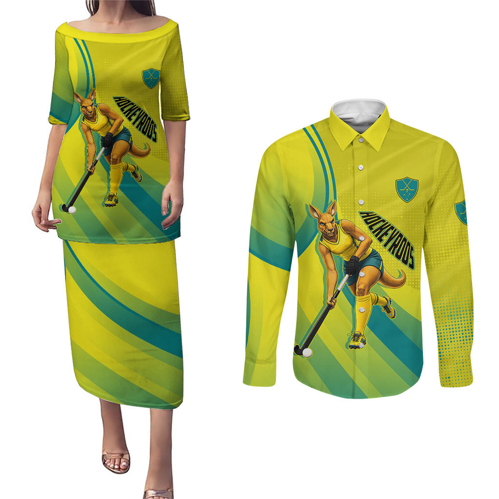 Personalised Hockeyroos Kangaroo Field Hockey Couples Matching Puletasi and Long Sleeve Button Shirt Dynamic Australia Green Gold Athlete Mascot Design