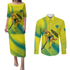 Personalised Hockeyroos Kangaroo Field Hockey Couples Matching Puletasi and Long Sleeve Button Shirt Dynamic Australia Green Gold Athlete Mascot Design