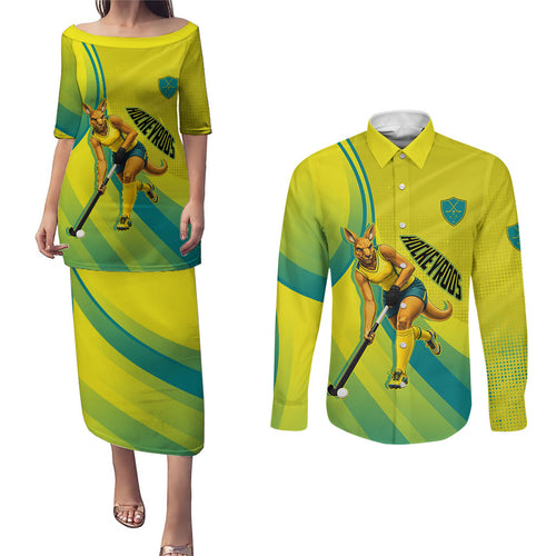 Personalised Hockeyroos Kangaroo Field Hockey Couples Matching Puletasi and Long Sleeve Button Shirt Dynamic Australia Green Gold Athlete Mascot Design