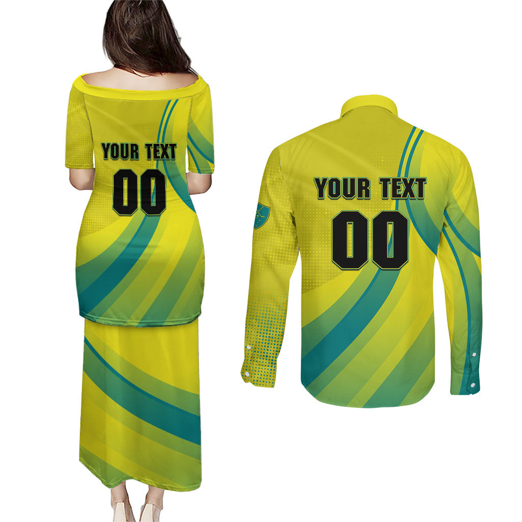Personalised Hockeyroos Kangaroo Field Hockey Couples Matching Puletasi and Long Sleeve Button Shirt Dynamic Australia Green Gold Athlete Mascot Design