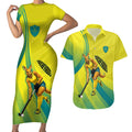 Personalised Hockeyroos Kangaroo Field Hockey Couples Matching Short Sleeve Bodycon Dress and Hawaiian Shirt Dynamic Australia Green Gold Athlete Mascot Design
